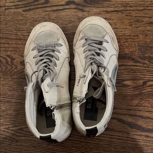 Golden Goose Cream and Gray High-Top Sneakers slides